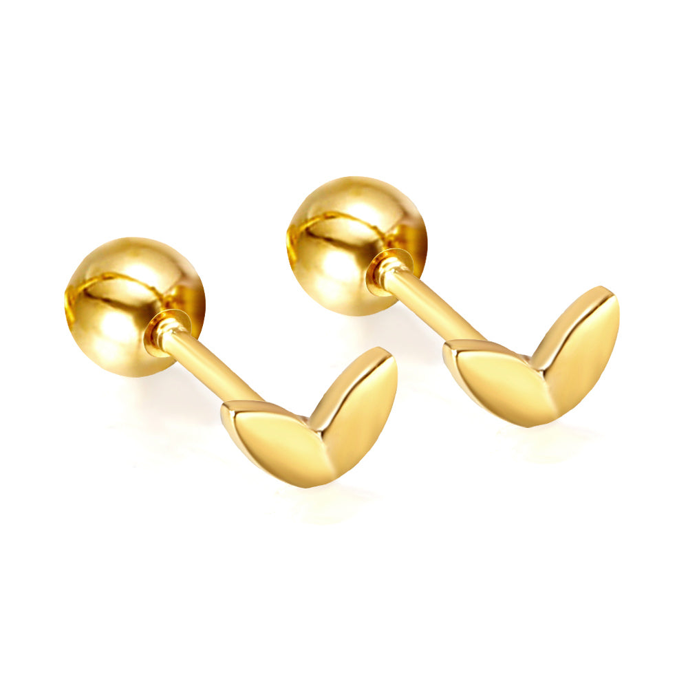 Gold coloured steel ball screw-in leaf stud earrings asonjewelry